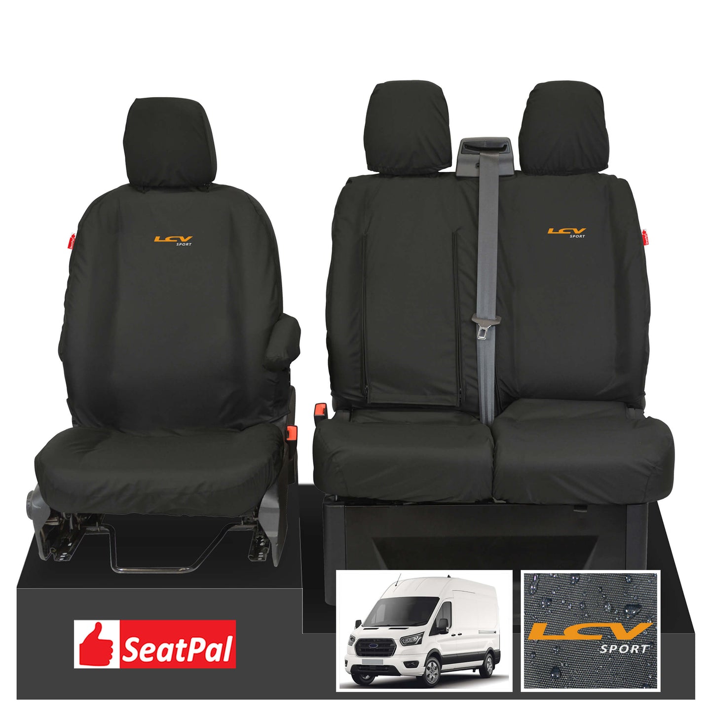 Ford Transit MK8/9 & Jumbo MY14 Onwards Front Set Black Tailored Waterproof Seat Covers With LCV Sport Logos