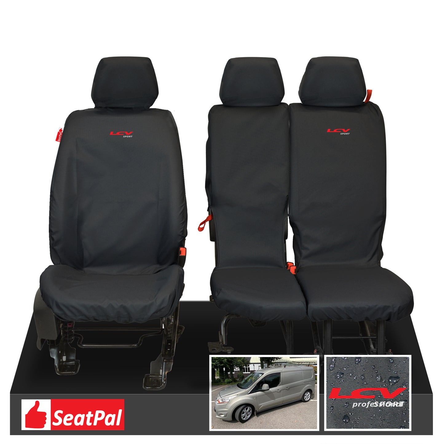 Ford Transit Connect MY13-24 Front Set Black Tailored Waterproof Seat Covers With LCV Sport Logos