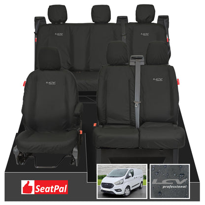 Ford Transit Custom MK1 Double Cab MY12-23 Front & Rear Set Black Tailored Waterproof Seat Covers With LCV Professional Logos