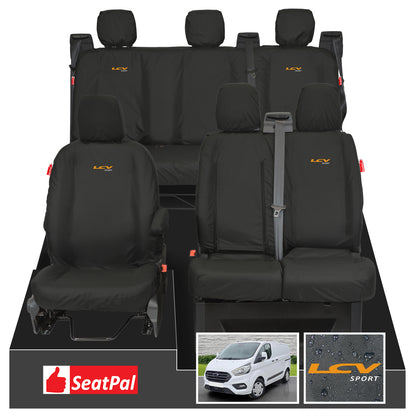 Ford Transit Custom MK1 Double Cab MY12-23 Front & Rear Set Black Tailored Waterproof Seat Covers With LCV Sport Logos