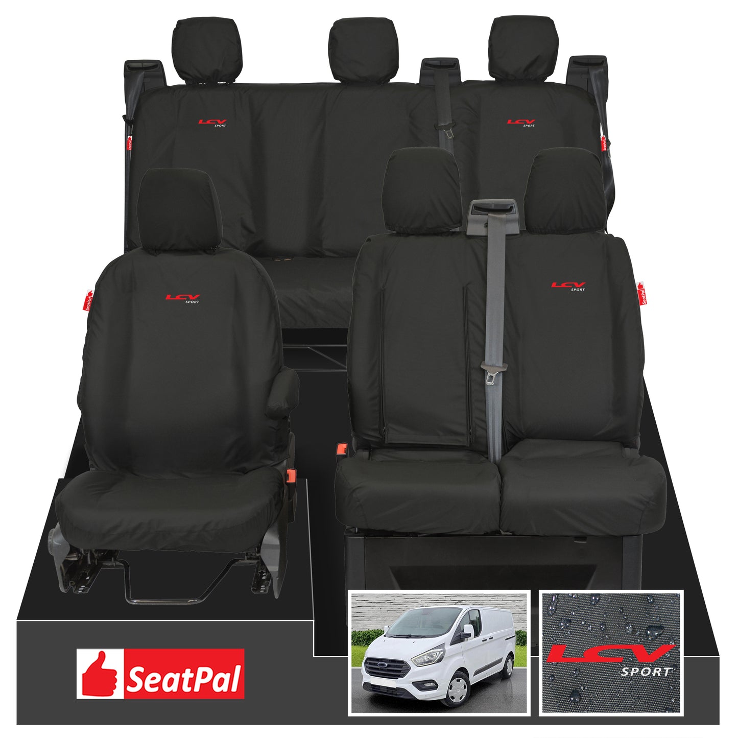 Ford Transit Custom MK1 Double Cab MY12-23 Front & Rear Set Black Tailored Waterproof Seat Covers With LCV Sport Logos