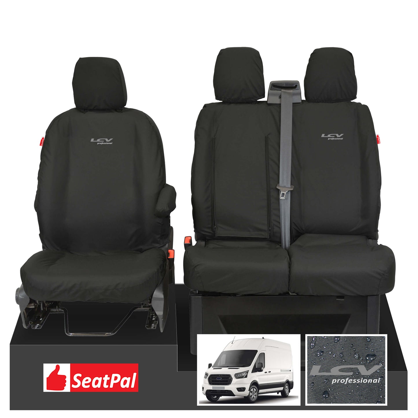 Ford Transit MK8/9 & Jumbo MY14 Onwards Front Set Black Tailored Waterproof Seat Covers With LCV Professional Logos