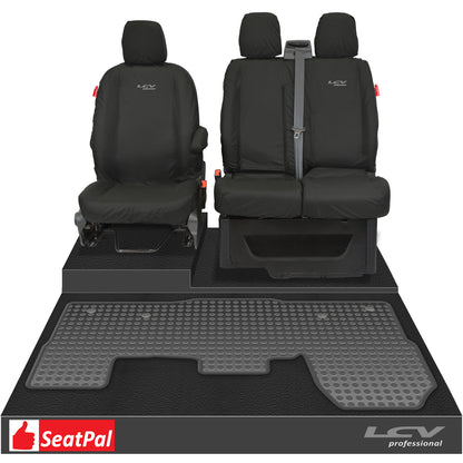 Ford Transit MK8/9 & Jumbo Front 1+2 Tailored Waterproof Seat Covers & Tailored Rubber Mat Black MY14 Onwards With LCV Professional Logos