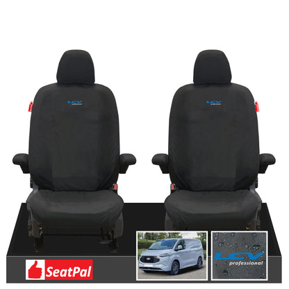 Ford Transit Custom MK2 MY24 Onwards Front Set Black Tailored Waterproof Seat Covers With LCV Professional Logos