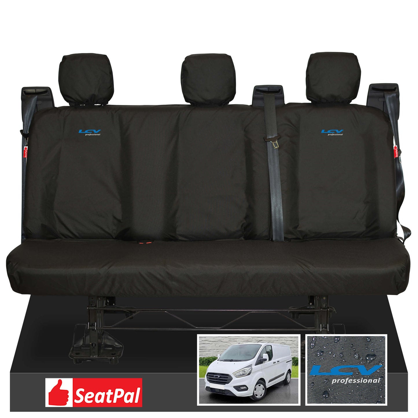Ford Transit Custom MK1 Double Cab MY12-23 Rear Triple Black Tailored Waterproof Seat Covers With LCV Professional Logos