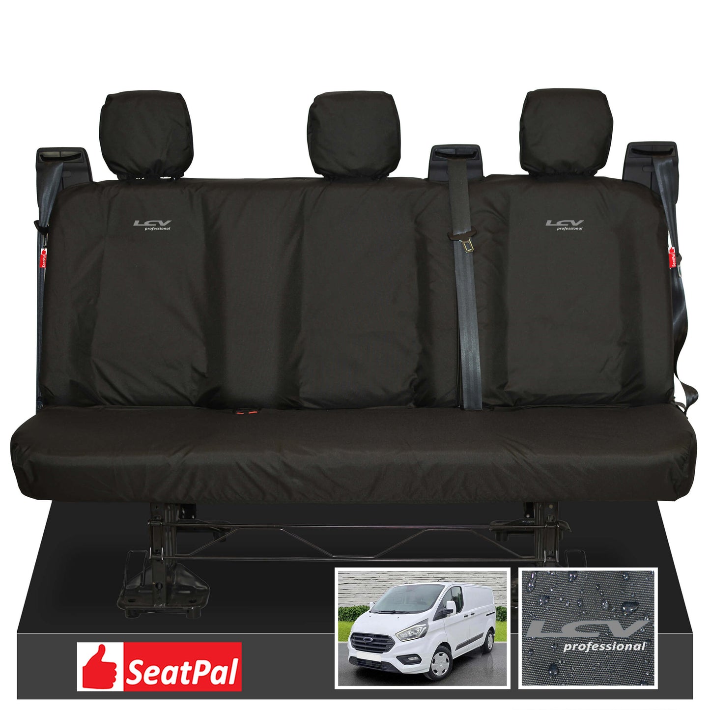 Ford Transit Custom MK1 Double Cab MY12-23 Rear Triple Black Tailored Waterproof Seat Covers With LCV Professional Logos