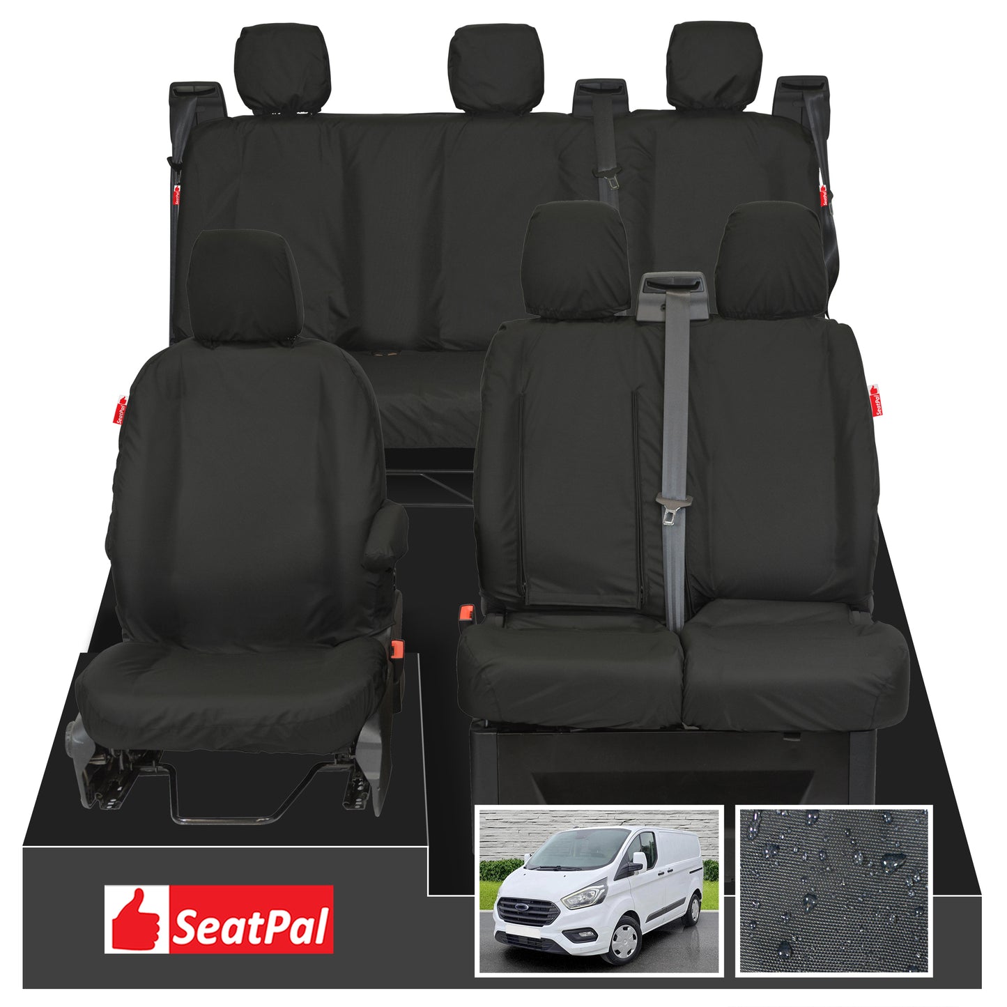 Ford Transit Custom MK1 Double Cab MY12-23 Front & Rear Set Black Tailored Waterproof Seat Covers