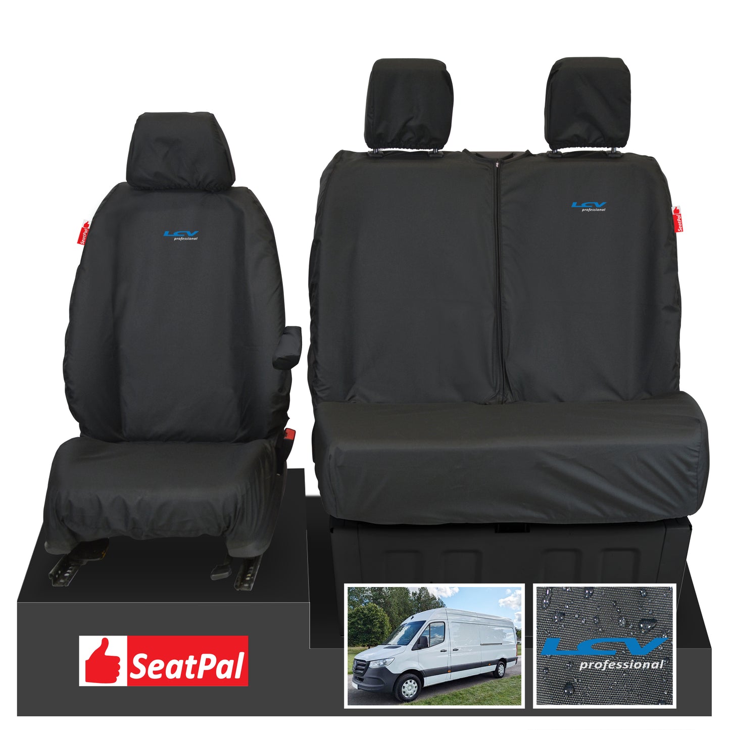 Mercedes-Benz Sprinter MY18 Onwards Front Set Black Tailored Waterproof Seat Covers With LCV Professional Logos