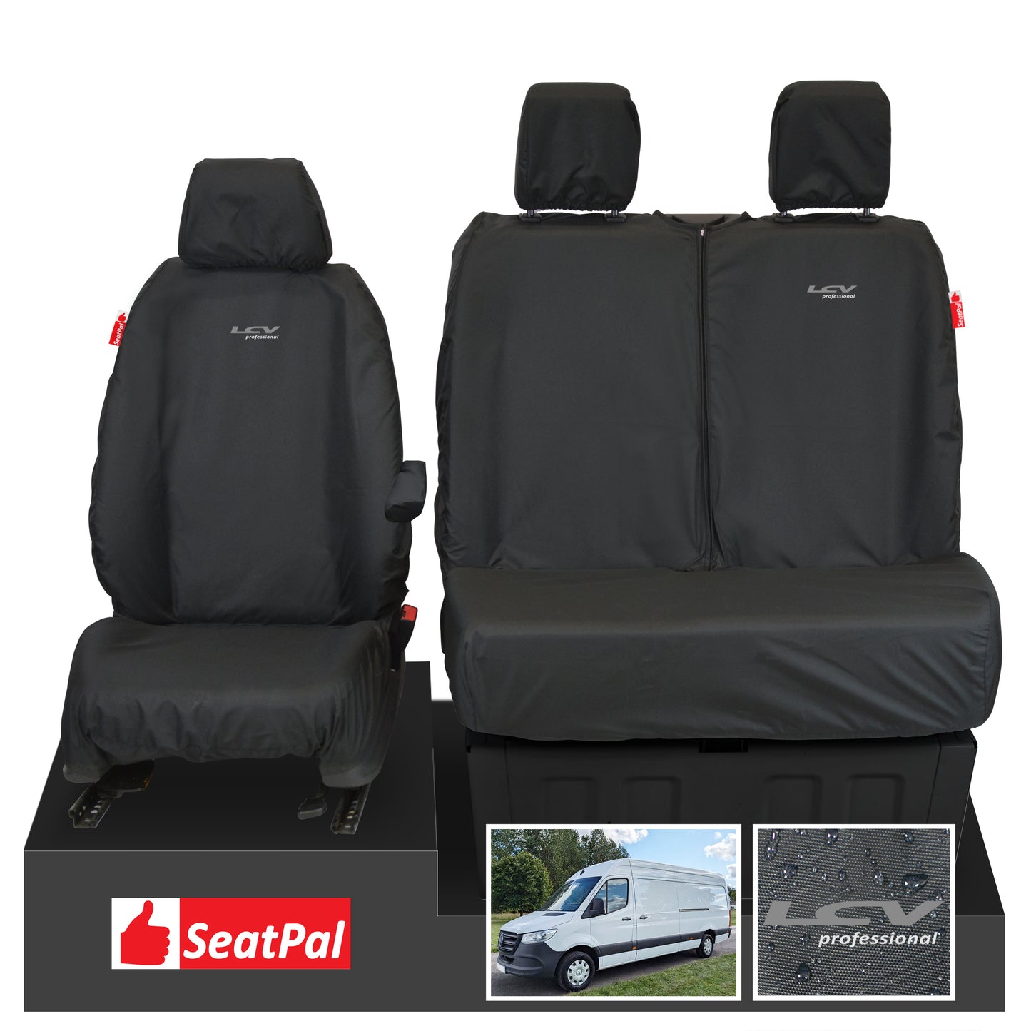 Mercedes-Benz Sprinter MY18 Onwards Front Set Black Tailored Waterproof Seat Covers With LCV Professional Logos