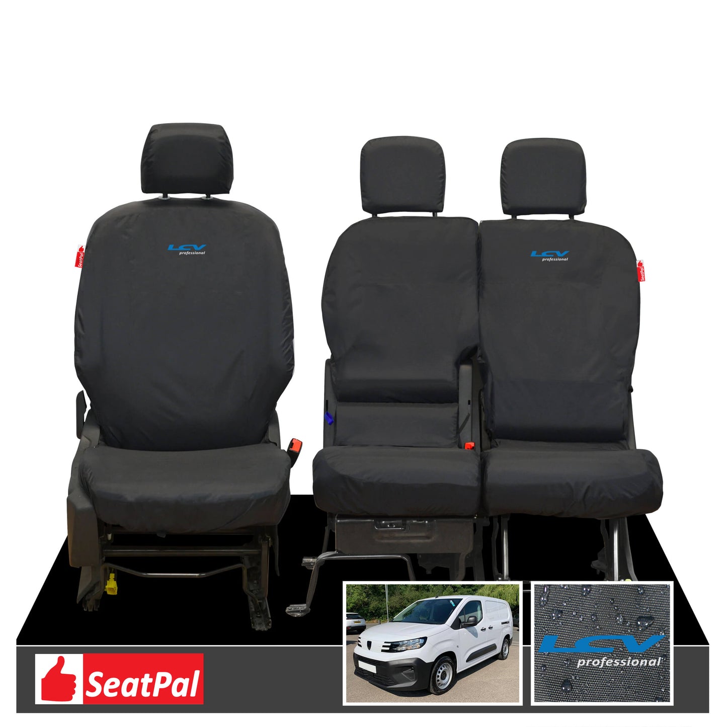 Peugeot Partner MY18 Onwards Front Set Black Tailored Waterproof Seat Covers With LCV Professional Logos