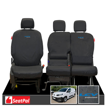 Peugeot Partner MY18 Onwards Front Set Black Tailored Waterproof Seat Covers With LCV Professional Logos