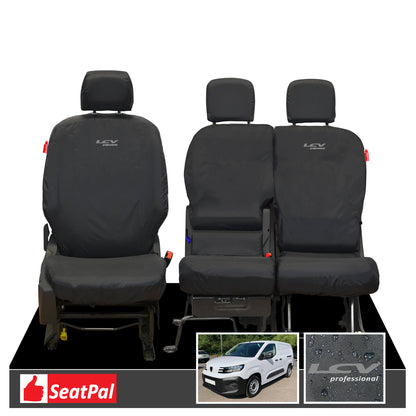 Peugeot Partner MY18 Onwards Front Set Black Tailored Waterproof Seat Covers With LCV Professional Logos