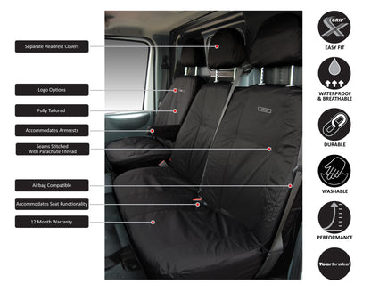 Ford Transit Custom MK1 Front 1+2 Tailored Waterproof Seat Covers & Tailored Rubber Mat Black MY12-23 With LCV Professional Logos