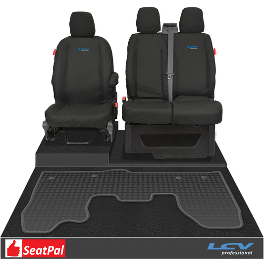 Ford Transit Custom MK1 Front 1+2 Tailored Waterproof Seat Covers & Tailored Rubber Mat Black MY12-23 With LCV Professional Logos