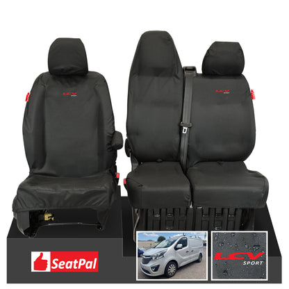 Vauxhall Opel Vivaro Sportive MY14-19 Front Set Black Tailored Waterproof Seat Covers With LCV Sport Logos