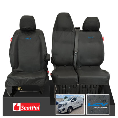 Vauxhall Opel Vivaro Sportive MY14-19 Front Set Black Tailored Waterproof Seat Covers With LCV Professional Logos