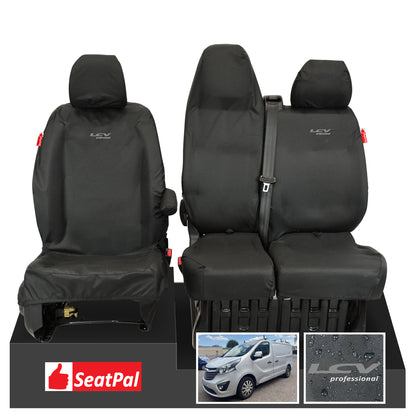 Vauxhall Opel Vivaro Sportive MY14-19 Front Set Black Tailored Waterproof Seat Covers With LCV Professional Logos
