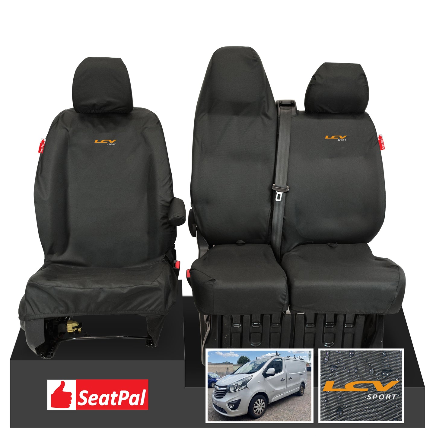 Vauxhall Opel Vivaro Sportive MY14-19 Front Set Black Tailored Waterproof Seat Covers With LCV Sport Logos