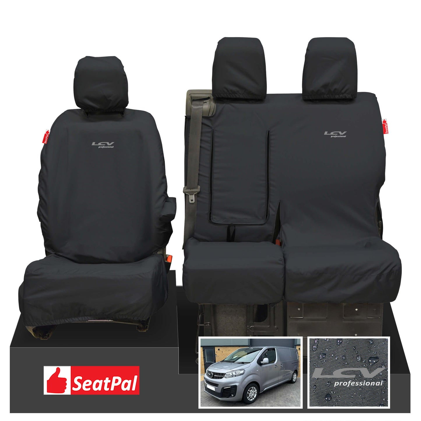 Vauxhall Opel Vivaro MY19 Onwards Front Set Black Tailored Waterproof Seat Covers With LCV Professional Logos