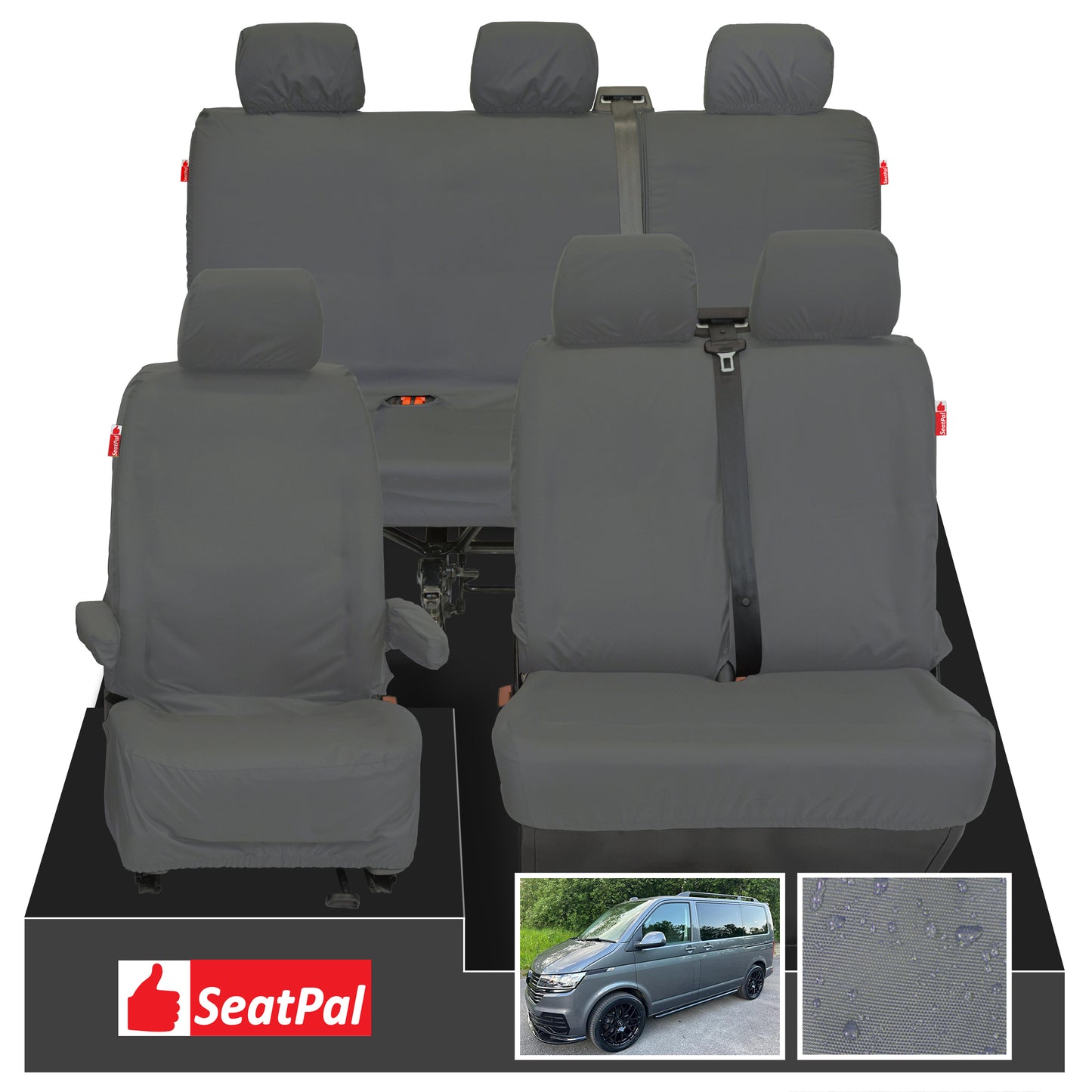 Volkswagen Transporter T6.1 & T6 Kombi MY15 Onwards Front 1+2 & Rear Triple Set Grey Tailored Waterproof Seat Covers