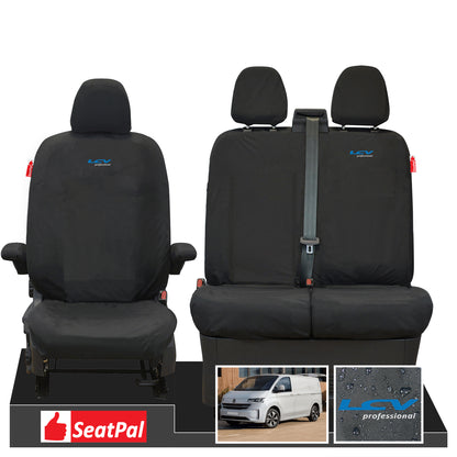 Volkswagen Transporter T7 MY25 Onwards Panel Van Or Kombi Front Set 1+ 2 Black Tailored Waterproof Seat Covers With LCV Professional Logos