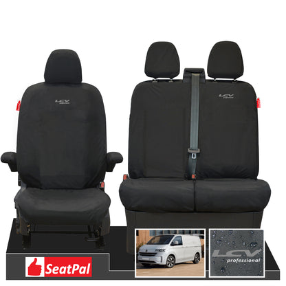 Volkswagen Transporter T7 MY25 Onwards Panel Van Or Kombi Front Set 1+ 2 Black Tailored Waterproof Seat Covers With LCV Professional Logos