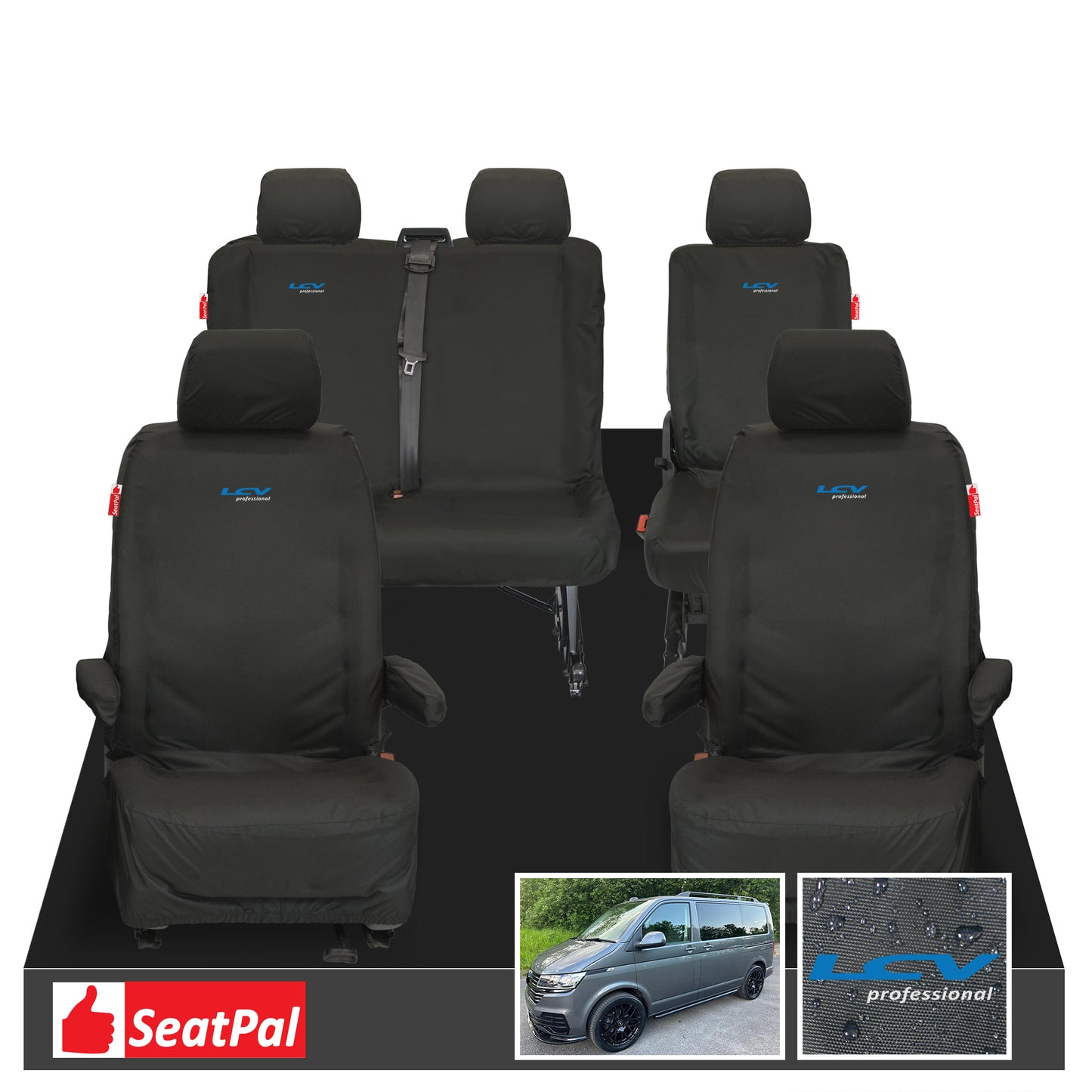 Volkswagen Transporter T6.1 & T6 Kombi MY15-2024 Front 1+1 & Rear 2+1 Set Black Tailored Waterproof Seat Covers With LCV Professional Logos