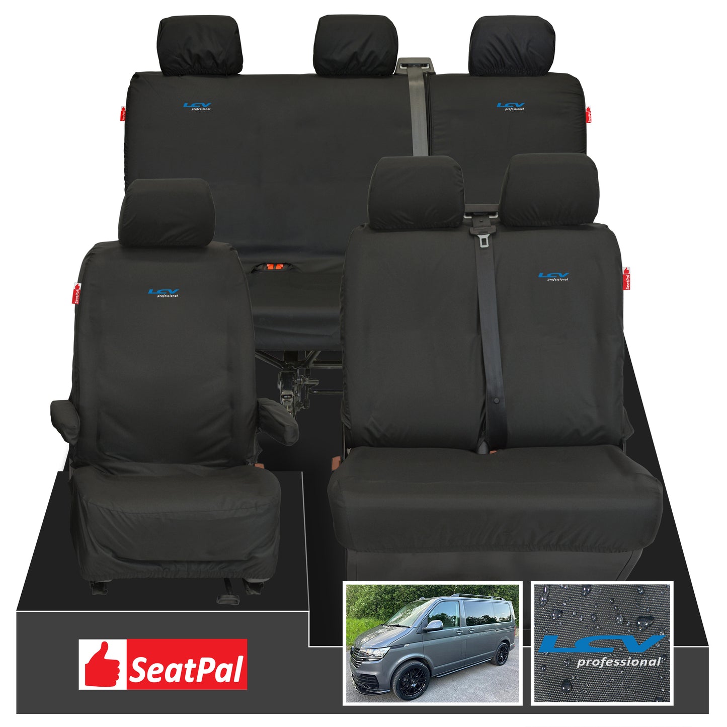 Volkswagen Transporter T6.1 & T6 Kombi MY15-2024 Front 1+2 & Rear Triple Set Black Tailored Waterproof Seat Covers With LCV Professional Logos