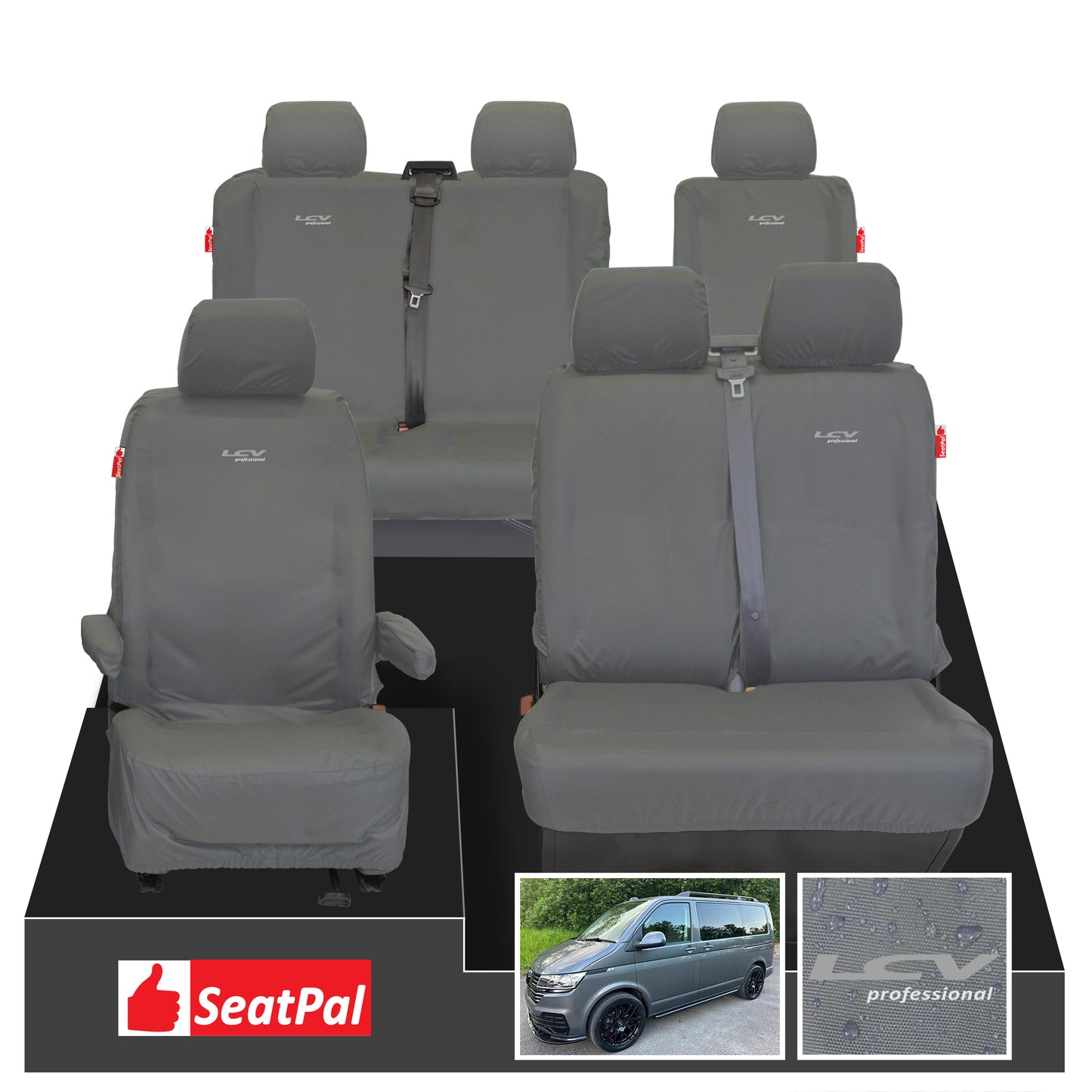 Volkswagen Transporter T6.1 & T6 Kombi MY15 Onwards Front 1+2 & Rear 2+1 Set Grey Tailored Waterproof Seat Covers With LCV Professional Logos