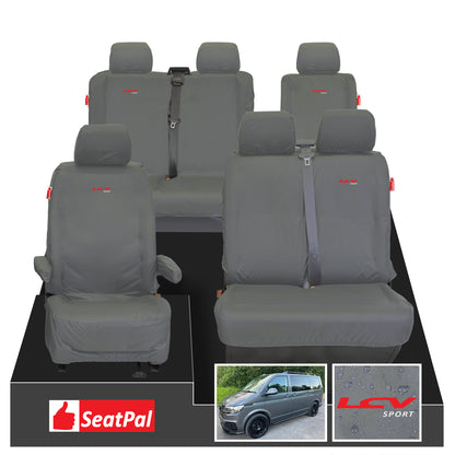 Volkswagen Transporter T6.1 & T6 Kombi MY15 Onwards Front 1+2 & Rear 2+1 Set Grey Tailored Waterproof Seat Covers With LCV Sport Logos