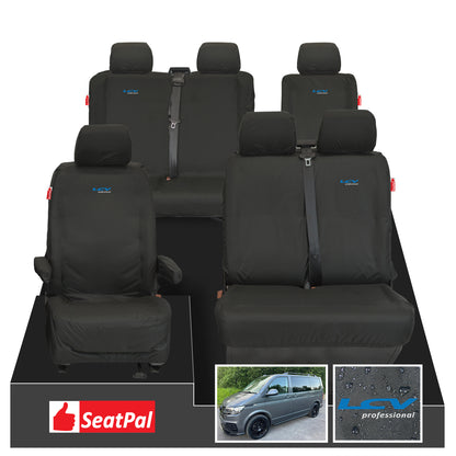 Volkswagen Transporter T6.1 & T6 Kombi MY15 Onwards Front & Rear Set Black Tailored Waterproof Seat Covers With LCV Professional Logos