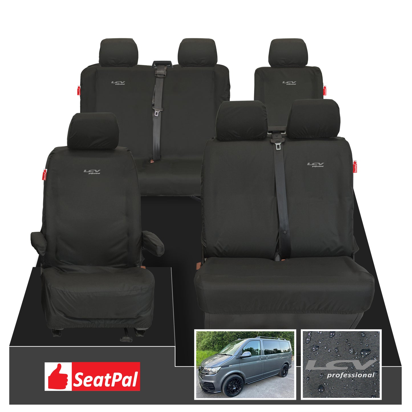 Volkswagen Transporter T6.1 & T6 Kombi MY15 Onwards Front & Rear Set Black Tailored Waterproof Seat Covers With LCV Professional Logos