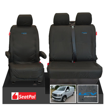 Volkswagen Transporter T6.1, T6 Panel Van Or Kombi MY2015-2024 Front Set 1+2 Black Tailored Waterproof Seat Covers With LCV Professional Logos