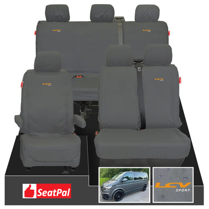 Volkswagen Transporter T6.1 & T6 Kombi MY15 Onwards Front 1+2 & Rear Triple Set Grey Tailored Waterproof Seat Covers With LCV Sport Logos
