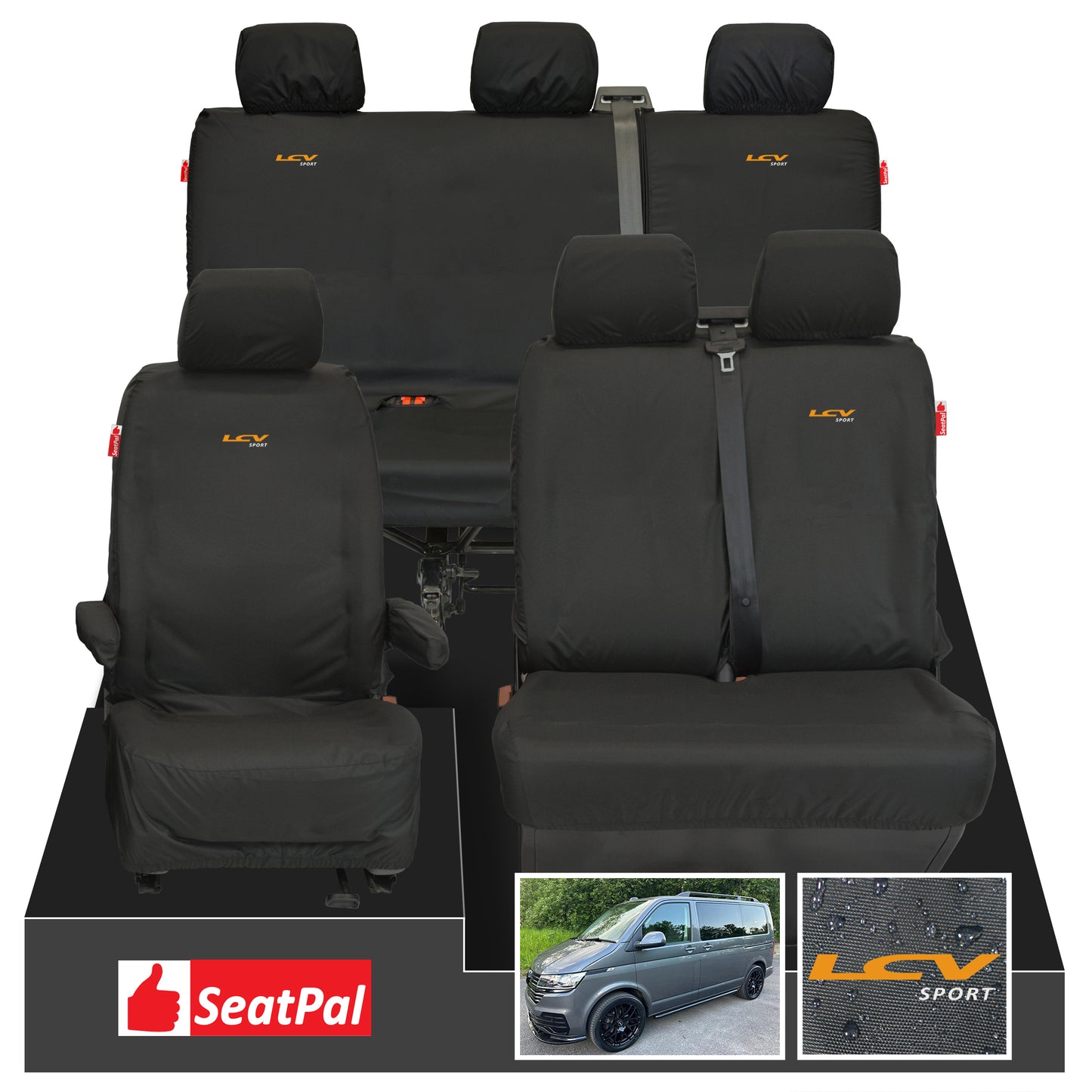 Volkswagen Transporter T6.1 & T6 Kombi MY15 Onwards Front 1+2 & Rear Triple Set Black Tailored Waterproof Seat Covers With LCV Sport Logos