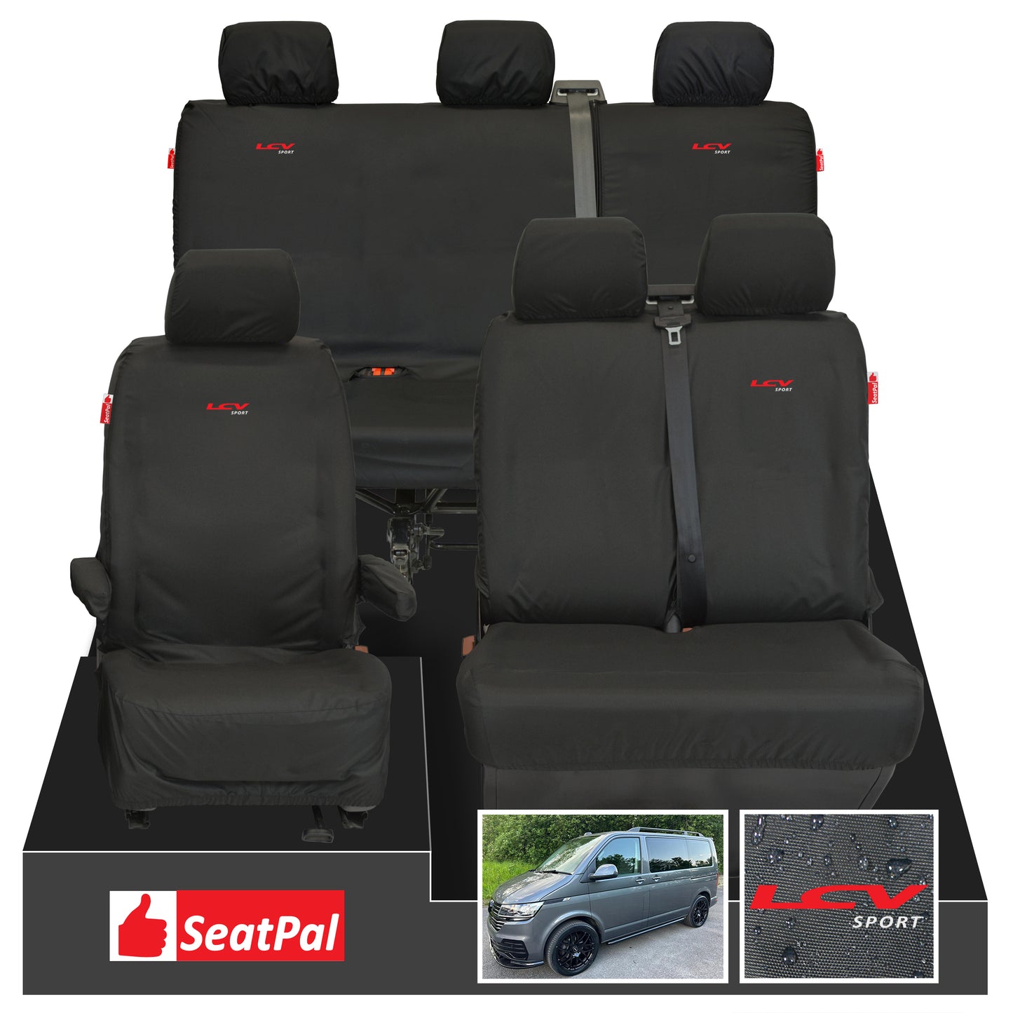 Volkswagen Transporter T6.1 & T6 Kombi MY15 Onwards Front 1+2 & Rear Triple Set Black Tailored Waterproof Seat Covers With LCV Sport Logos