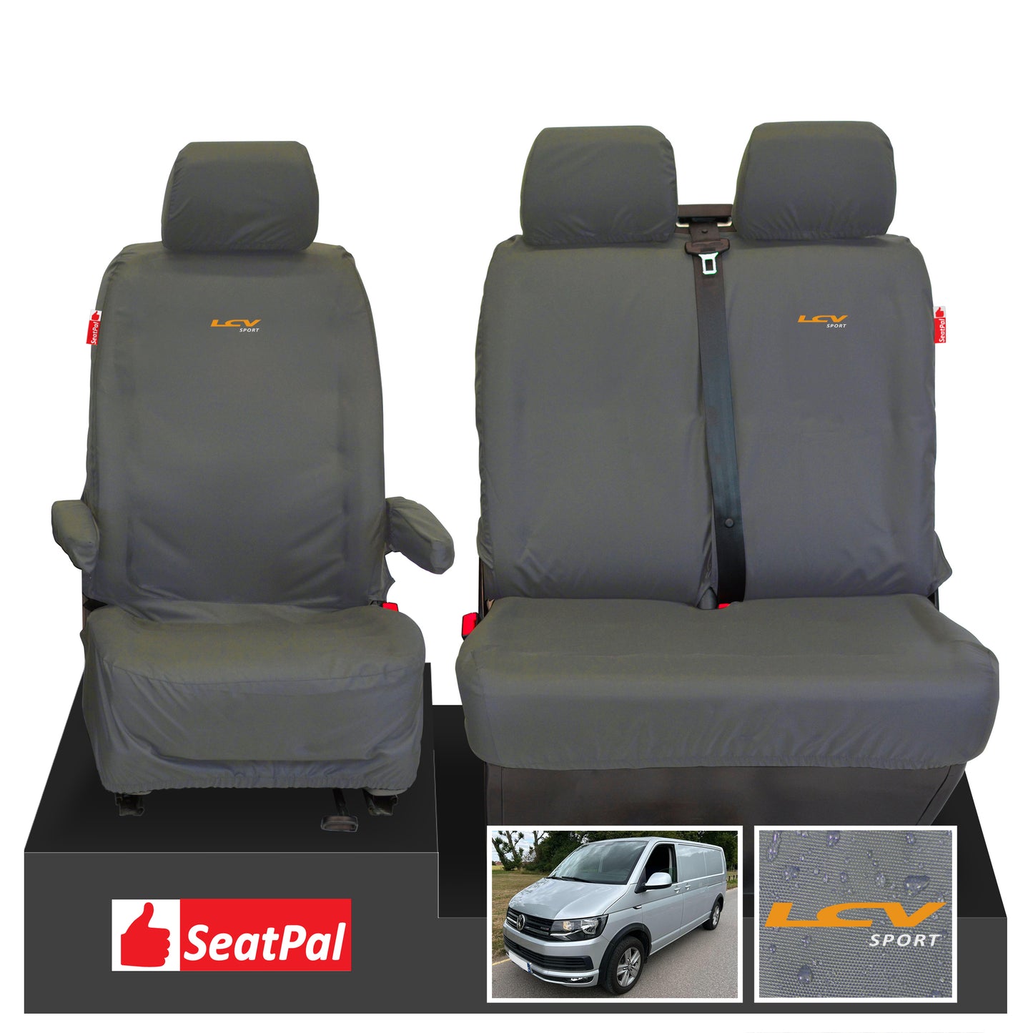 Volkswagen Transporter T6.1 & T6 Panel Van Or Kombi MY15 Onwards Front 1+2 Set Grey Tailored Waterproof Seat Covers With LCV Sport Logos