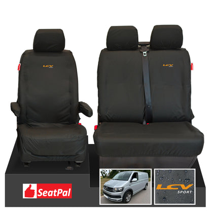 Volkswagen Transporter T6.1, T6 Panel Van & Kombi MY2015 Onwards -Front Set 1+2 Black Tailored Waterproof Seat Covers With LCV Sport Logos