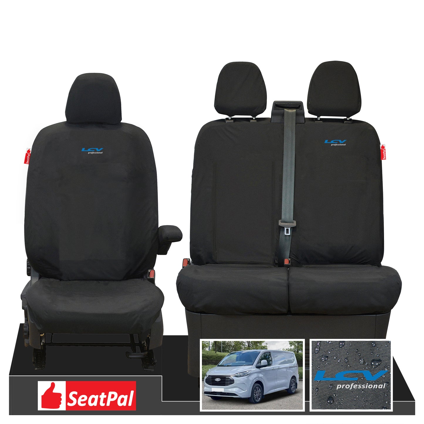 Ford Transit Custom MK2 MY24 Onwards Front Set Black Tailored Waterproof Seat Covers With LCV Professional Logos